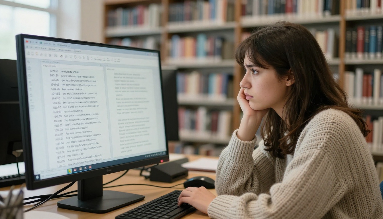 A young woman researcher in a university library leaning forward studying a monitor displaying two columns of interview transcription text