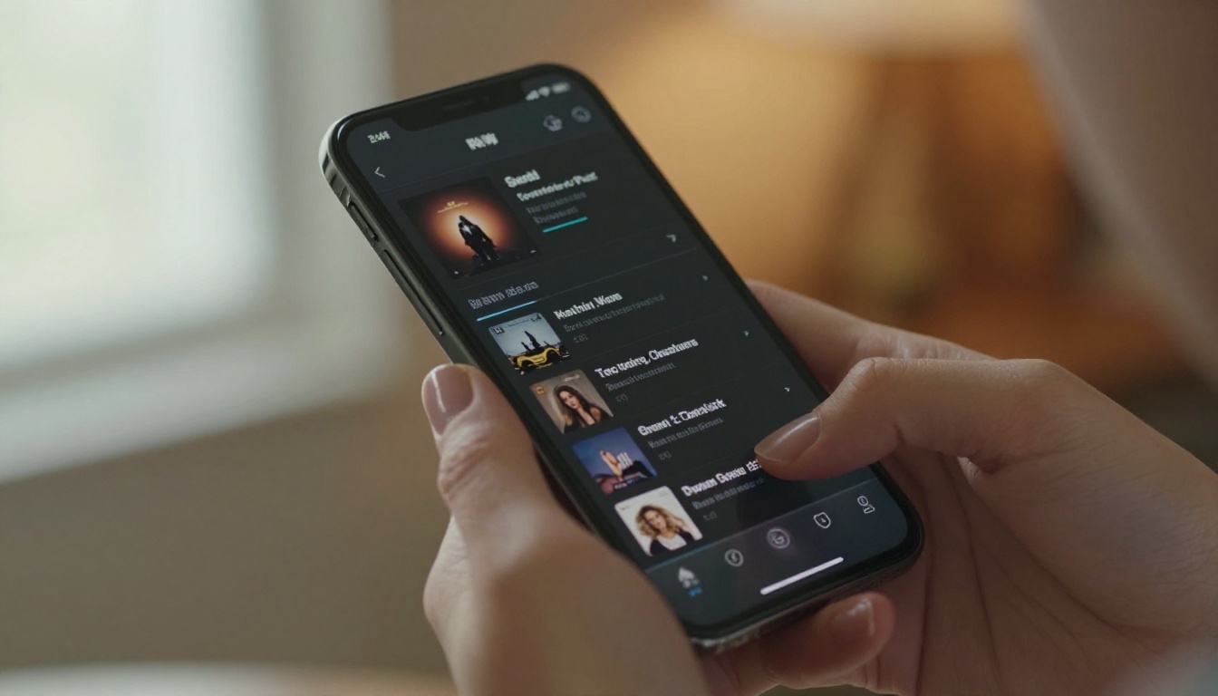 Close-up of a hand holding a smartphone displaying a music playlist interface Close-up of a hand holding a smartphone displaying a music playlist interface