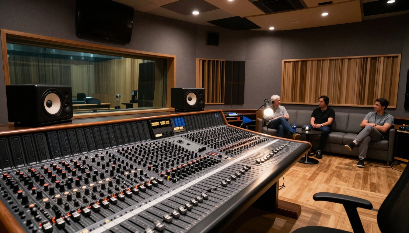 High-end professional studio control room with a large mixing console and acoustic treatment High-end professional studio control room with a large mixing console and acoustic treatment