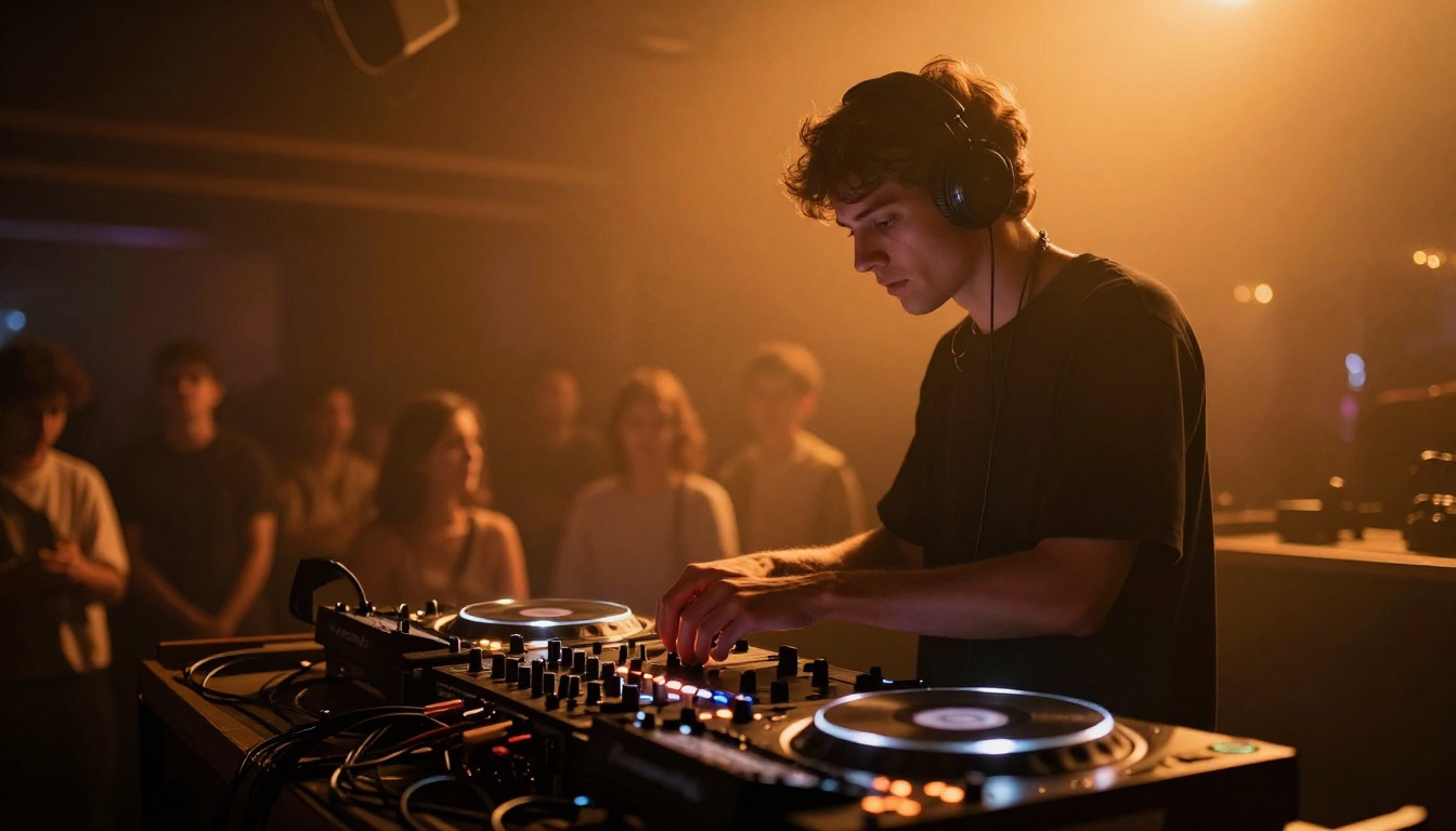 DJ working at a mixer in an intimate venue with warm amber stage lighting DJ working at a mixer in an intimate venue with warm amber stage lighting