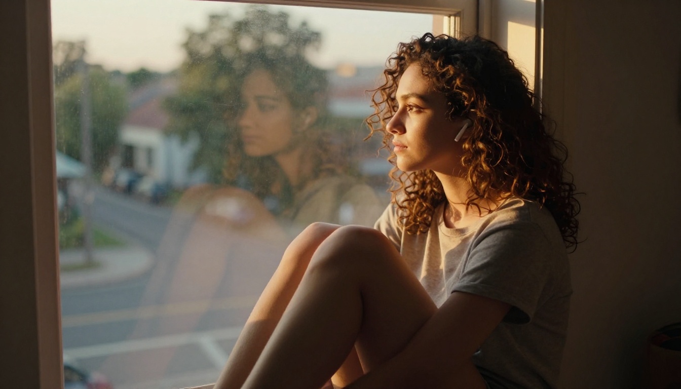 Young woman with curly hair listening with earbuds on a window sill at golden hour Young woman with curly hair listening with earbuds on a window sill at golden hour