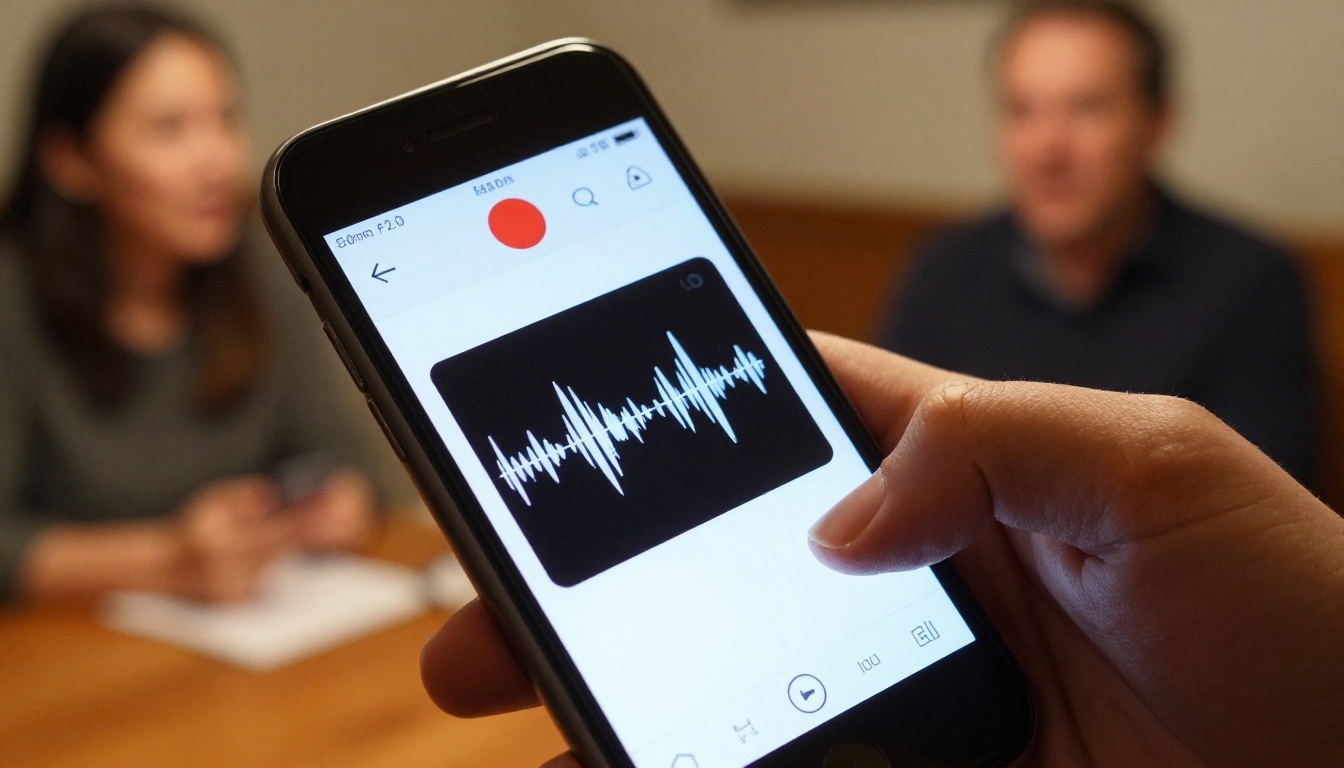 Close-up of a smartphone screen displaying a voice memo app with active red recording button and audio waveform, interview subject blurred in background