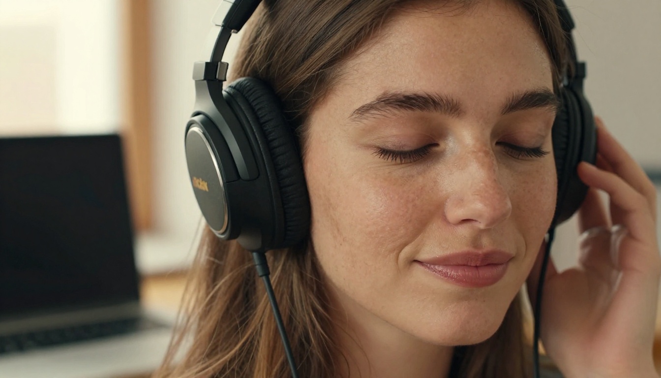 Young woman with studio headphones, eyes closed, satisfied smile while listening to playback Young woman with studio headphones, eyes closed, satisfied smile while listening to playback