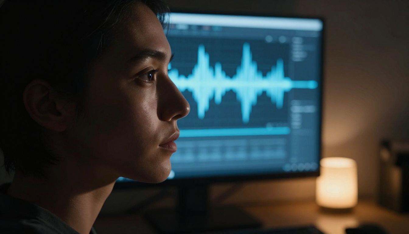 Person's face in dramatic profile lit only by a glowing audio waveform on a monitor Person's face in dramatic profile lit only by a glowing audio waveform on a monitor