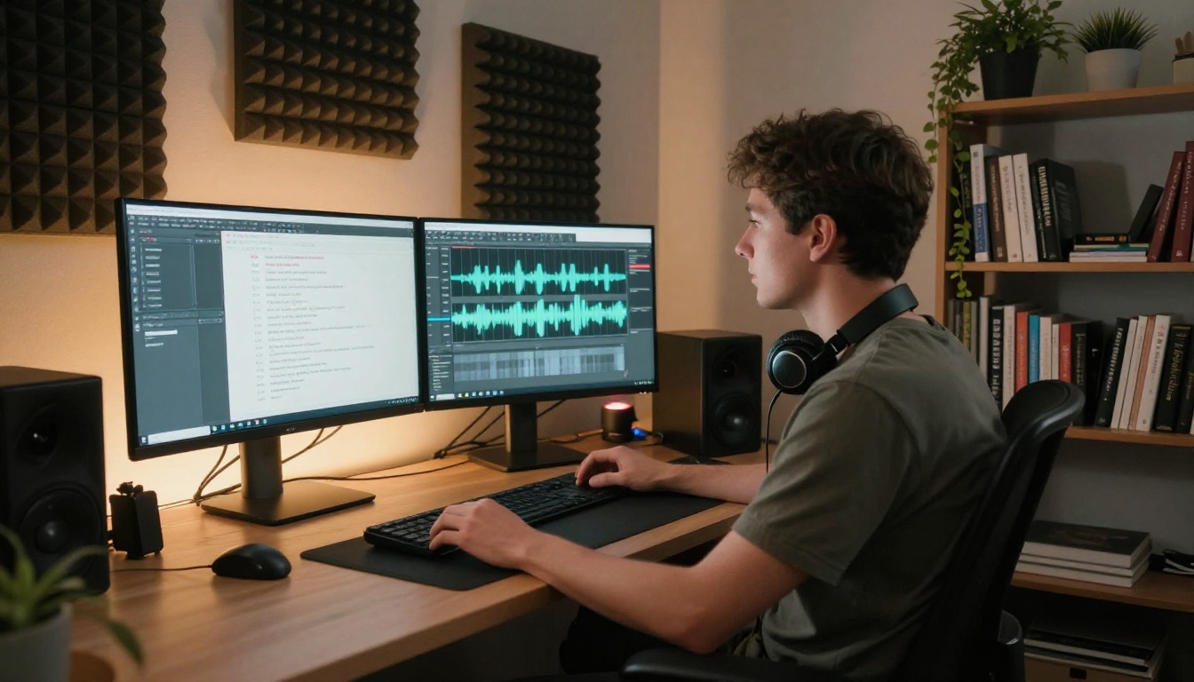 Content creator at a home studio desk reviewing audio waveforms on a curved monitor with a second monitor showing interview transcription text