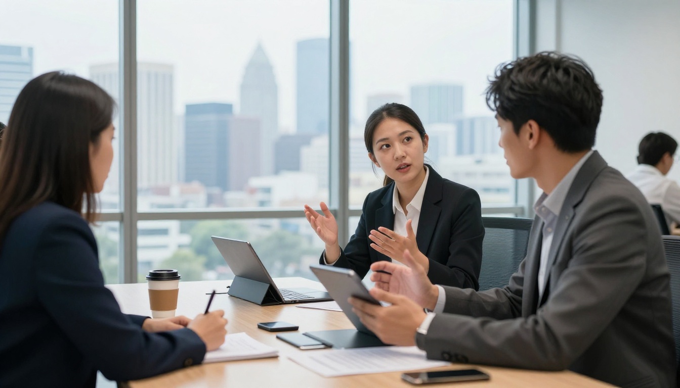 Two professionals in a glass-walled meeting room during an active interview, voice recorder on the table, city skyline in soft focus behind them