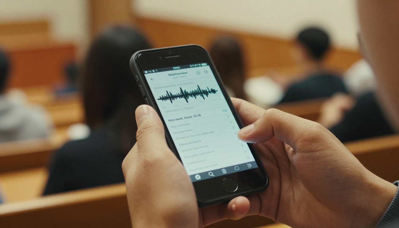A student recording a lecture on a smartphone in a university hall