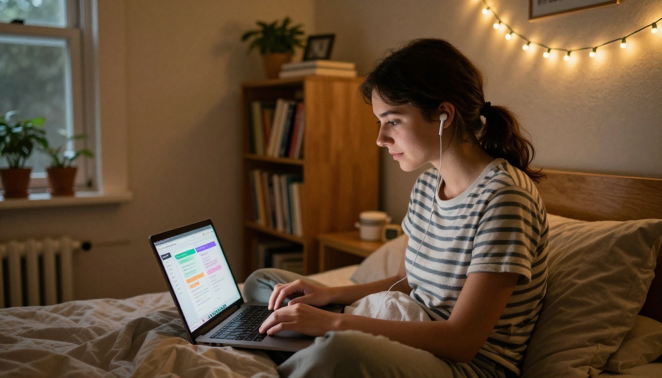 A young woman studying in a dorm room with AI-generated notes on a laptop