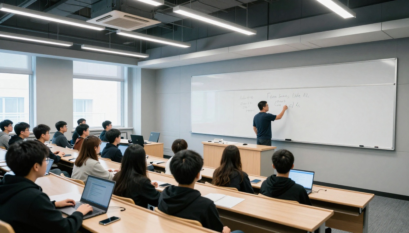 Wide angle view of a modern lecture hall with students on laptops and AI transcription apps visible on screens