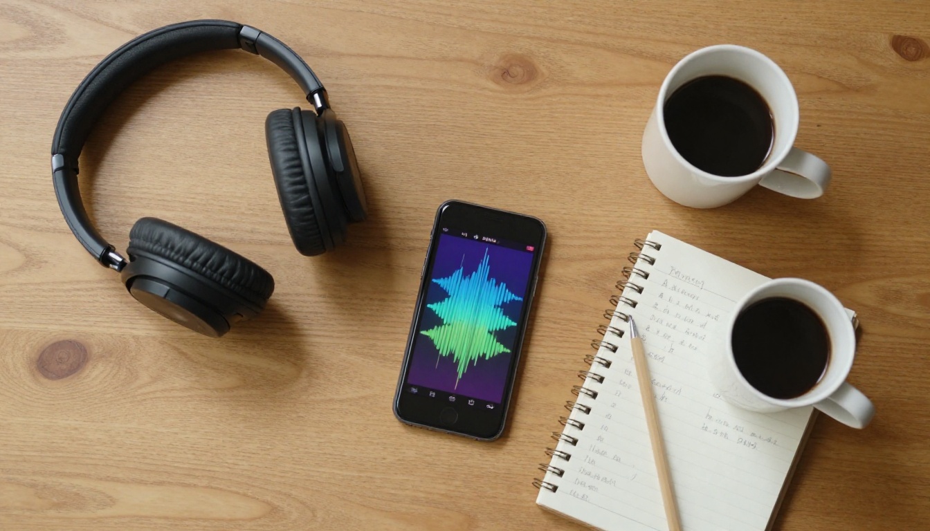 Aerial view of a desk with audio tools and headphones