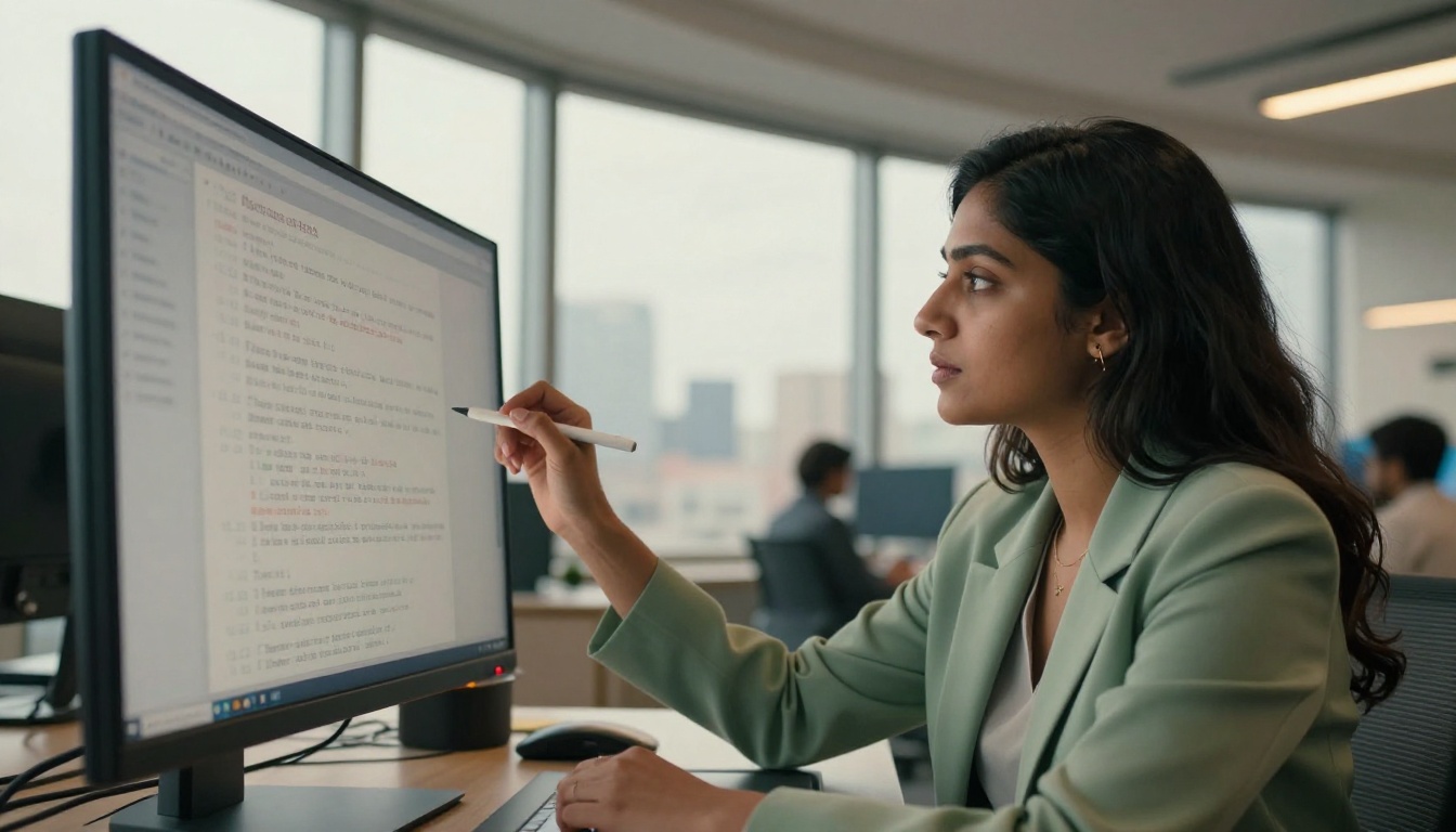 Woman reviewing captions on a curved monitor in an office