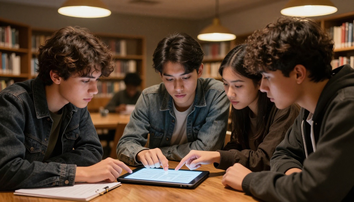 A study group in a library sharing AI-generated lecture notes on a tablet