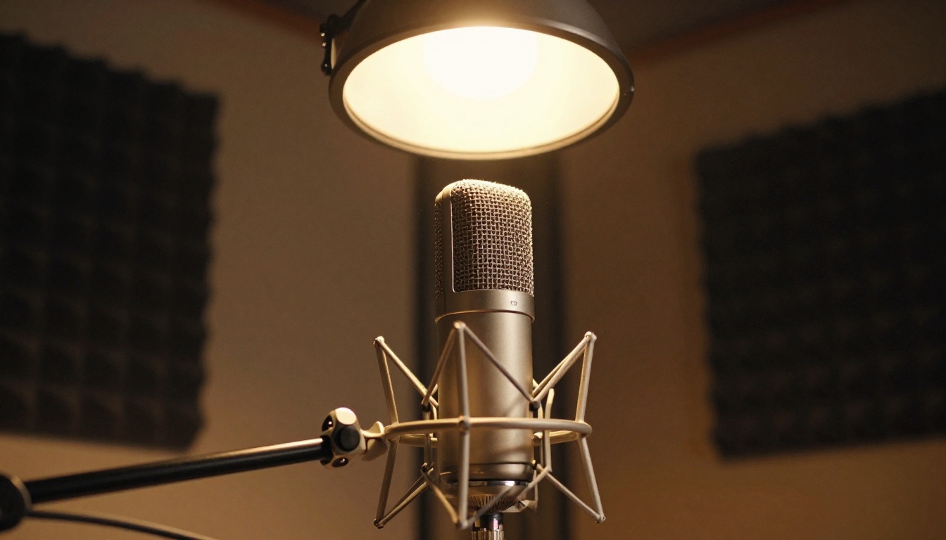 Close-up of a studio condenser microphone in a recording booth