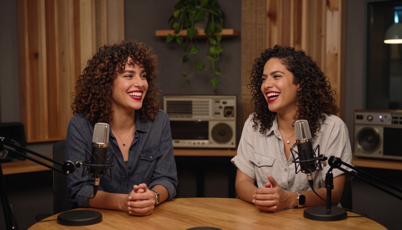 Two podcasters talking at a studio table with microphones