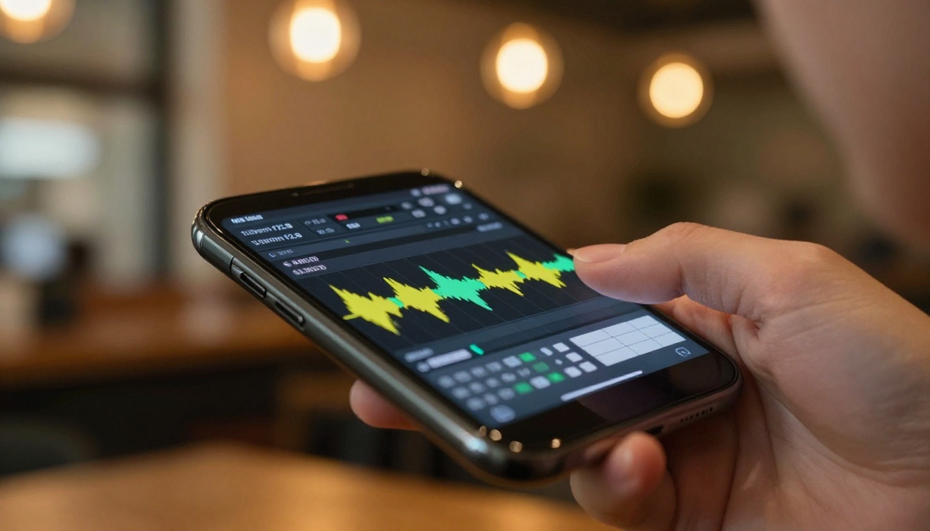 Close-up of a smartphone showing a waveform caption interface