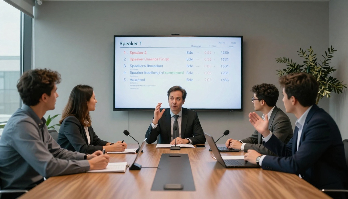 Business meeting with live transcription on wall screen