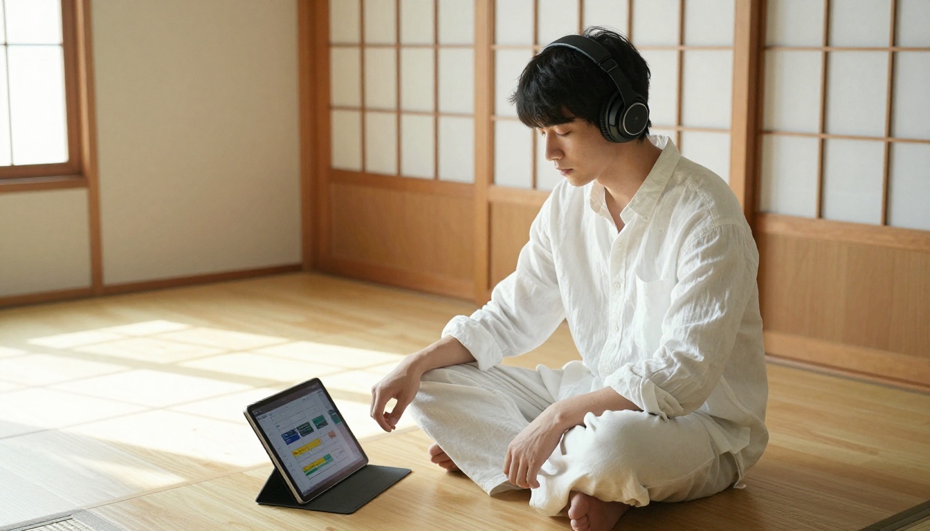 Young man relaxing with headphones reviewing a subtitle timeline on a tablet