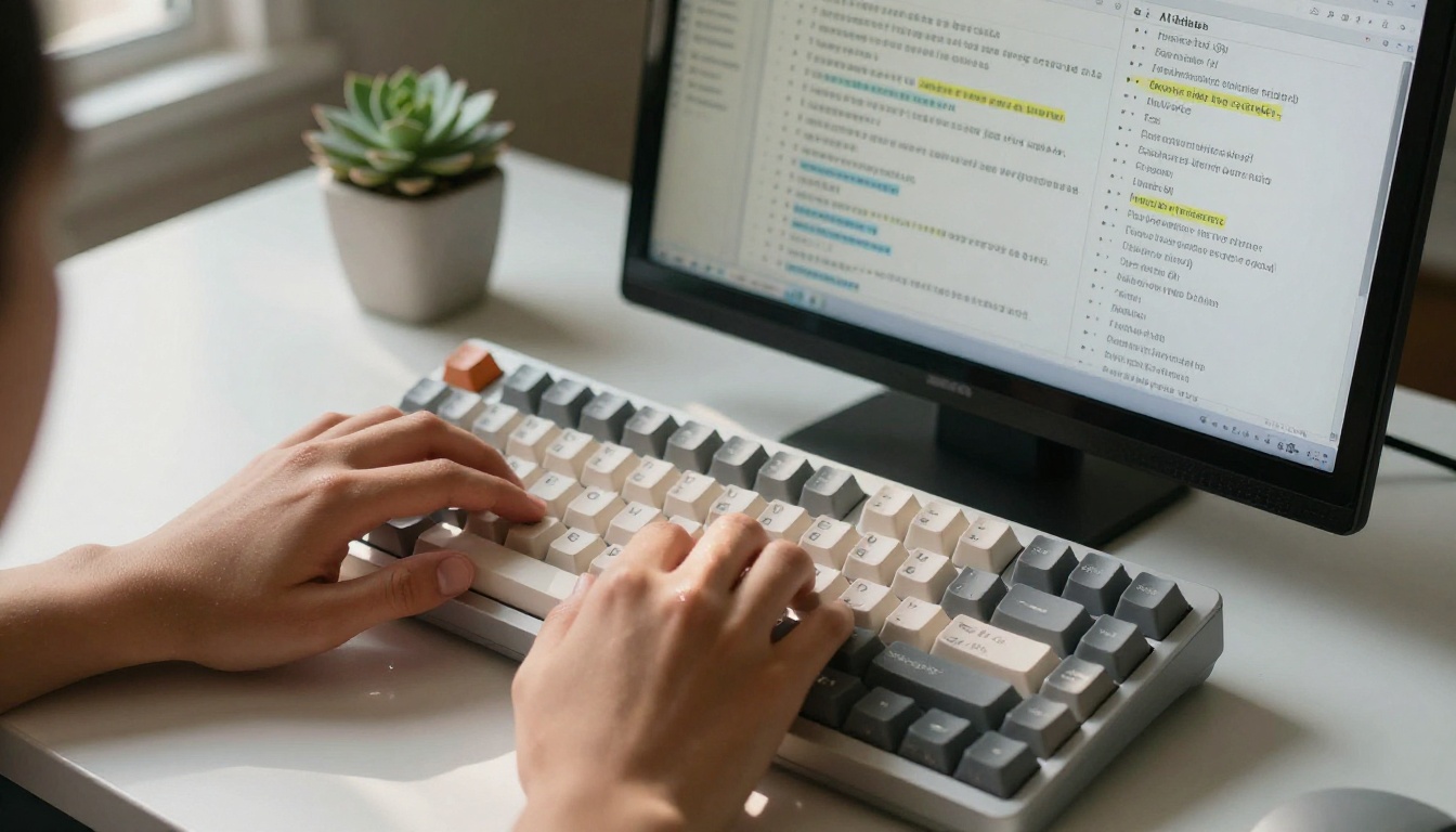 A student typing on a mechanical keyboard with structured AI notes appearing on screen