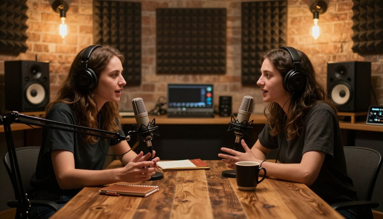 Two podcast hosts recording an episode in studio