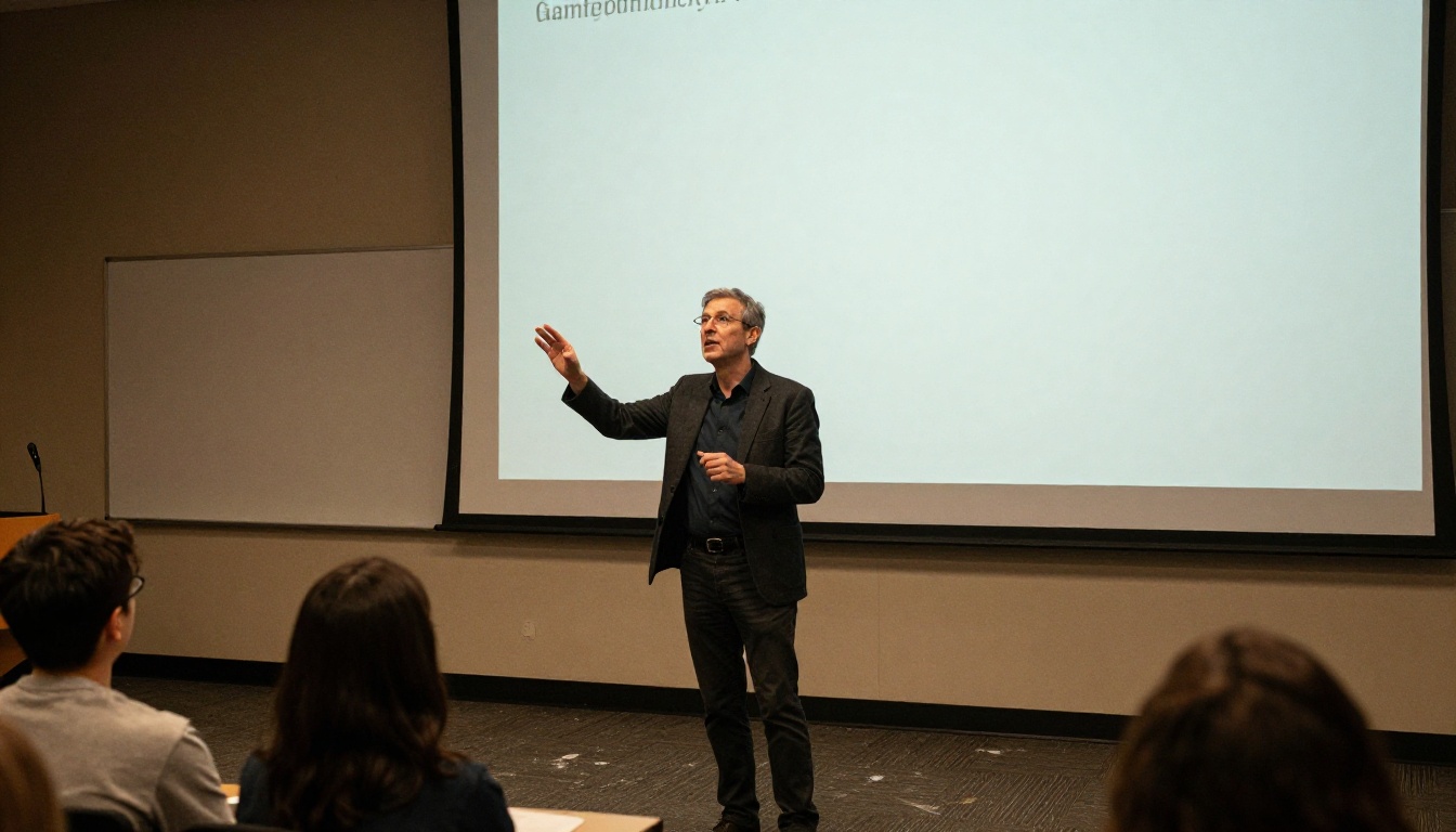 A professor mid-lecture gesturing toward a projection screen while students take notes
