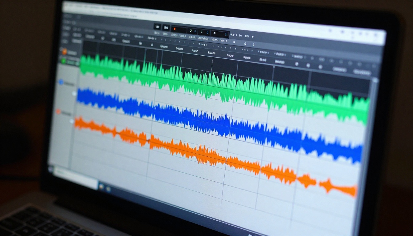 Audio waveform showing color-coded speaker tracks