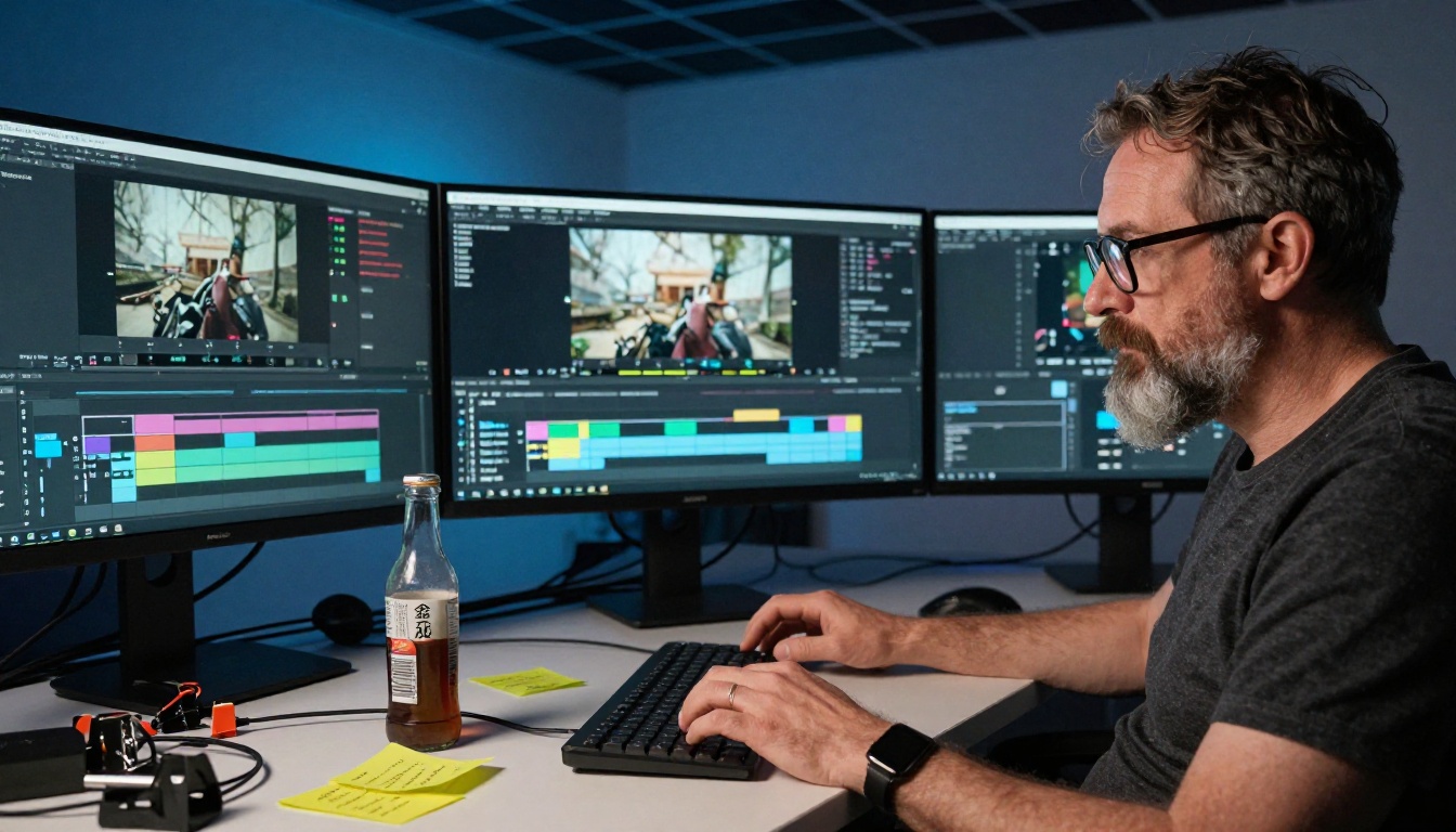 Professional video editor working in a dim edit suite with triple monitors