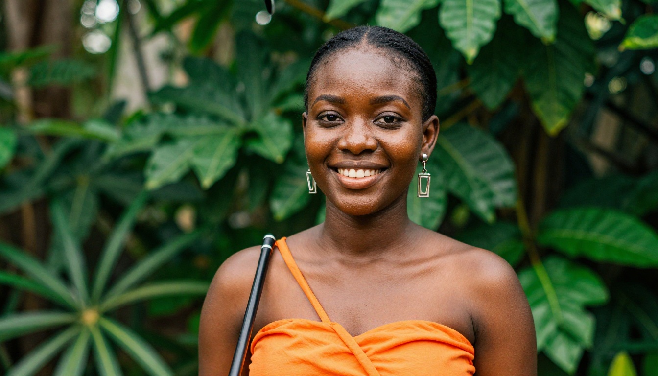 Woman with a microphone boom pole in a lush green garden, smiling