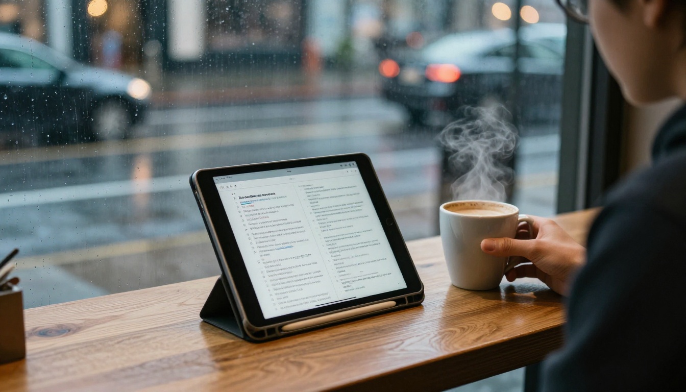 A student reviewing AI-generated lecture notes on a tablet at a cafe with a rainy window view behind them