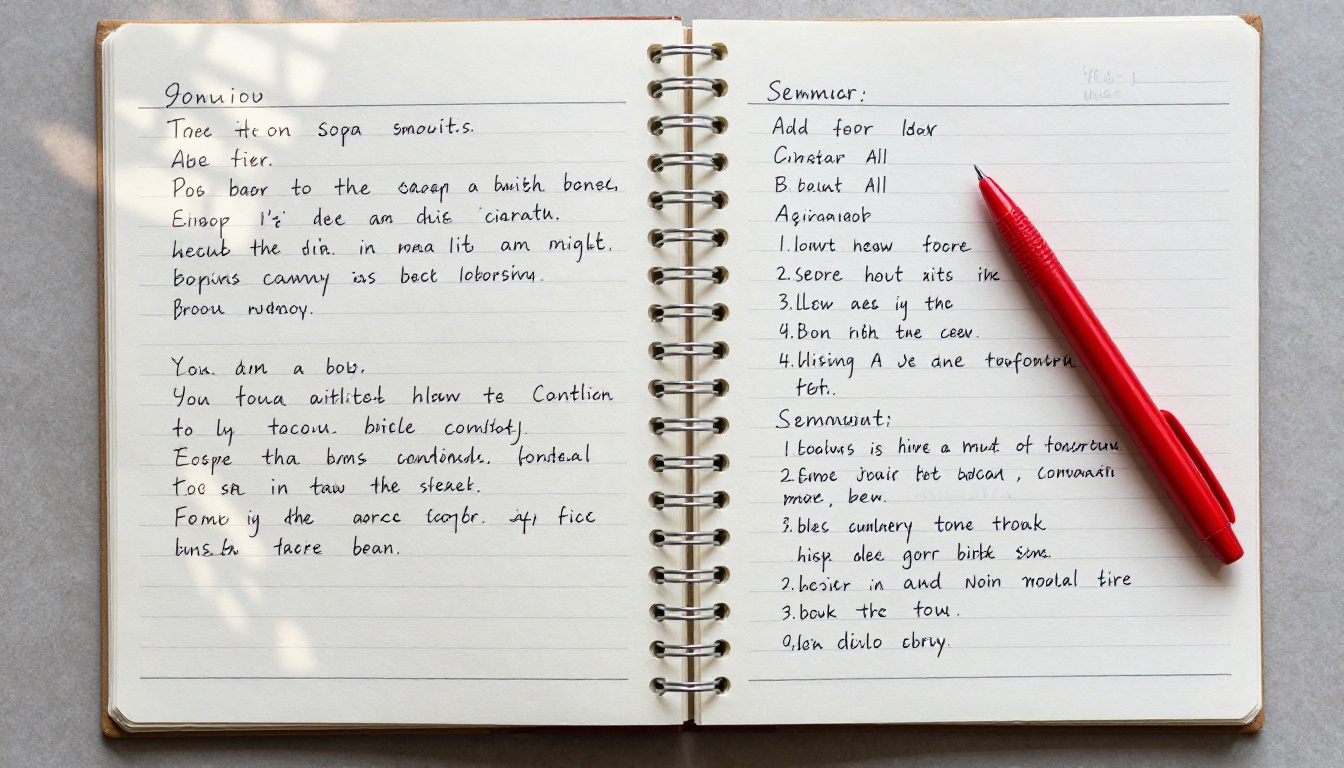 Overhead shot of a spiral notebook with dense handwritten notes on one page versus clean AI-printed summary notes on the other