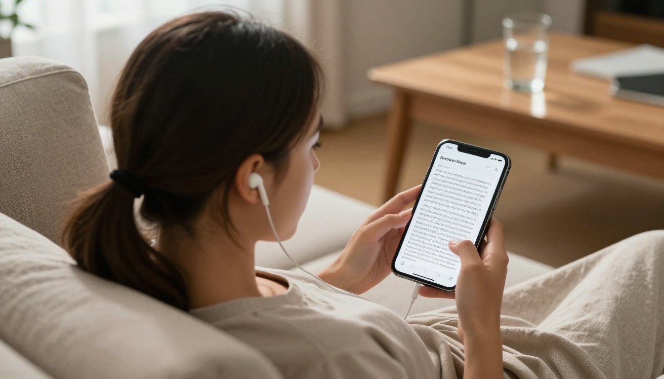 Woman reviewing transcript on smartphone