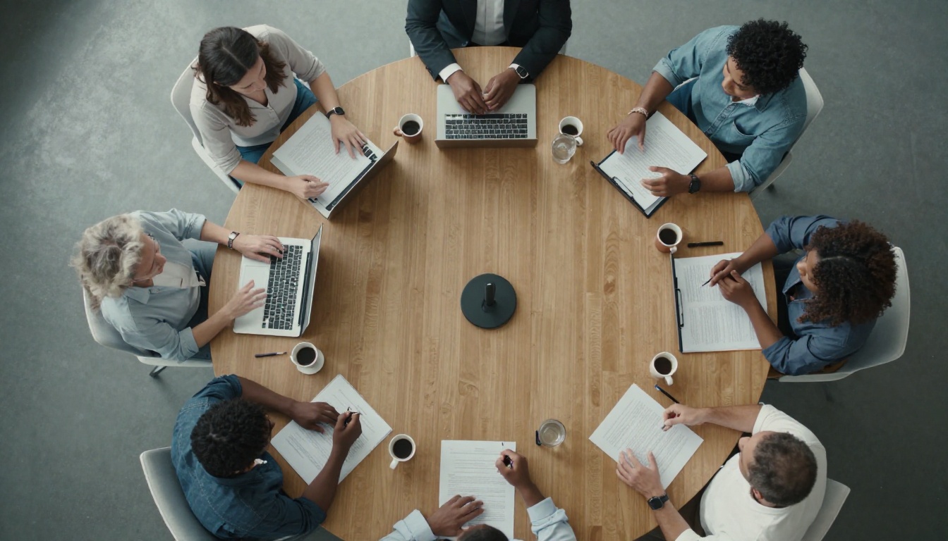 Overhead view of team meeting with central speakerphone