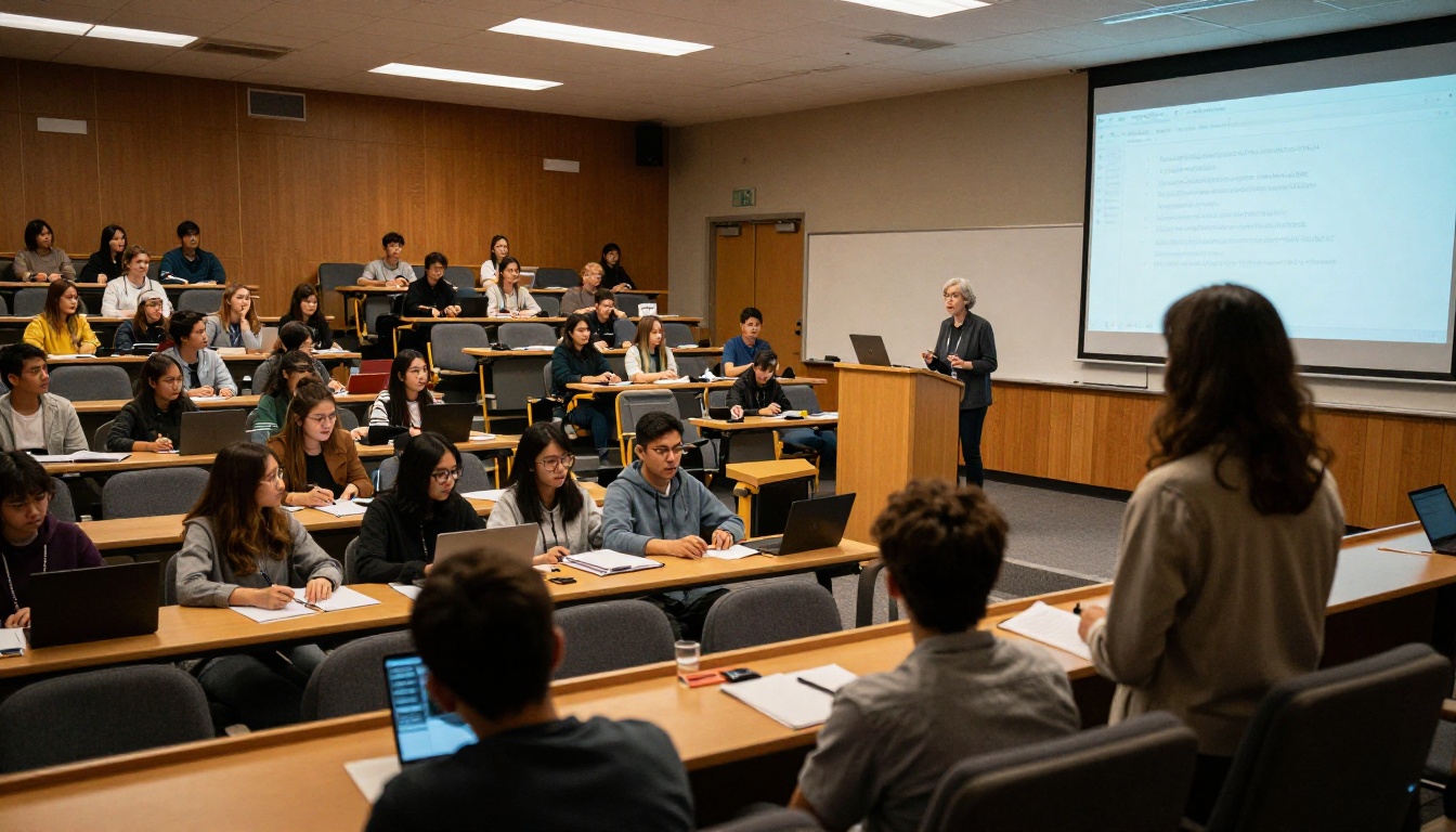 University lecture hall with professor speaking to full audience