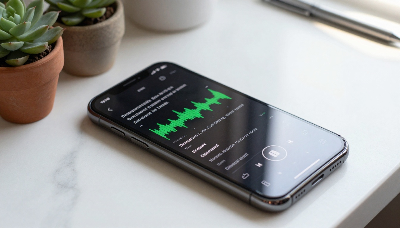 Smartphone showing audio transcript alongside waveform visualization on marble countertop
