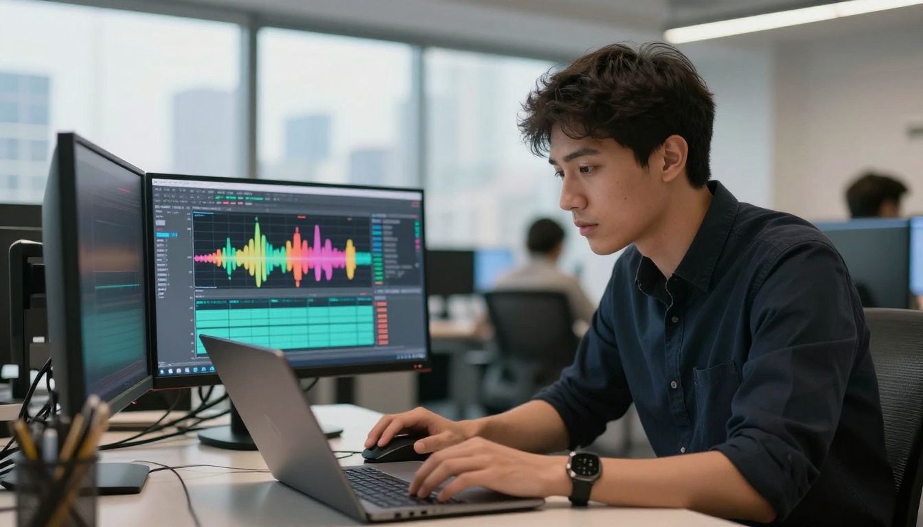 Young man in modern office reviewing audio spectrogram on large monitor