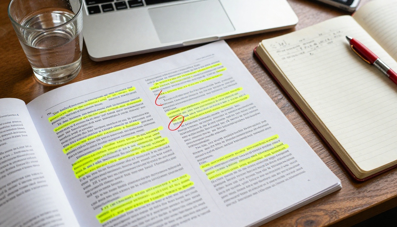 Aerial overhead view of printed transcript pages with yellow highlighted sections and handwritten notes