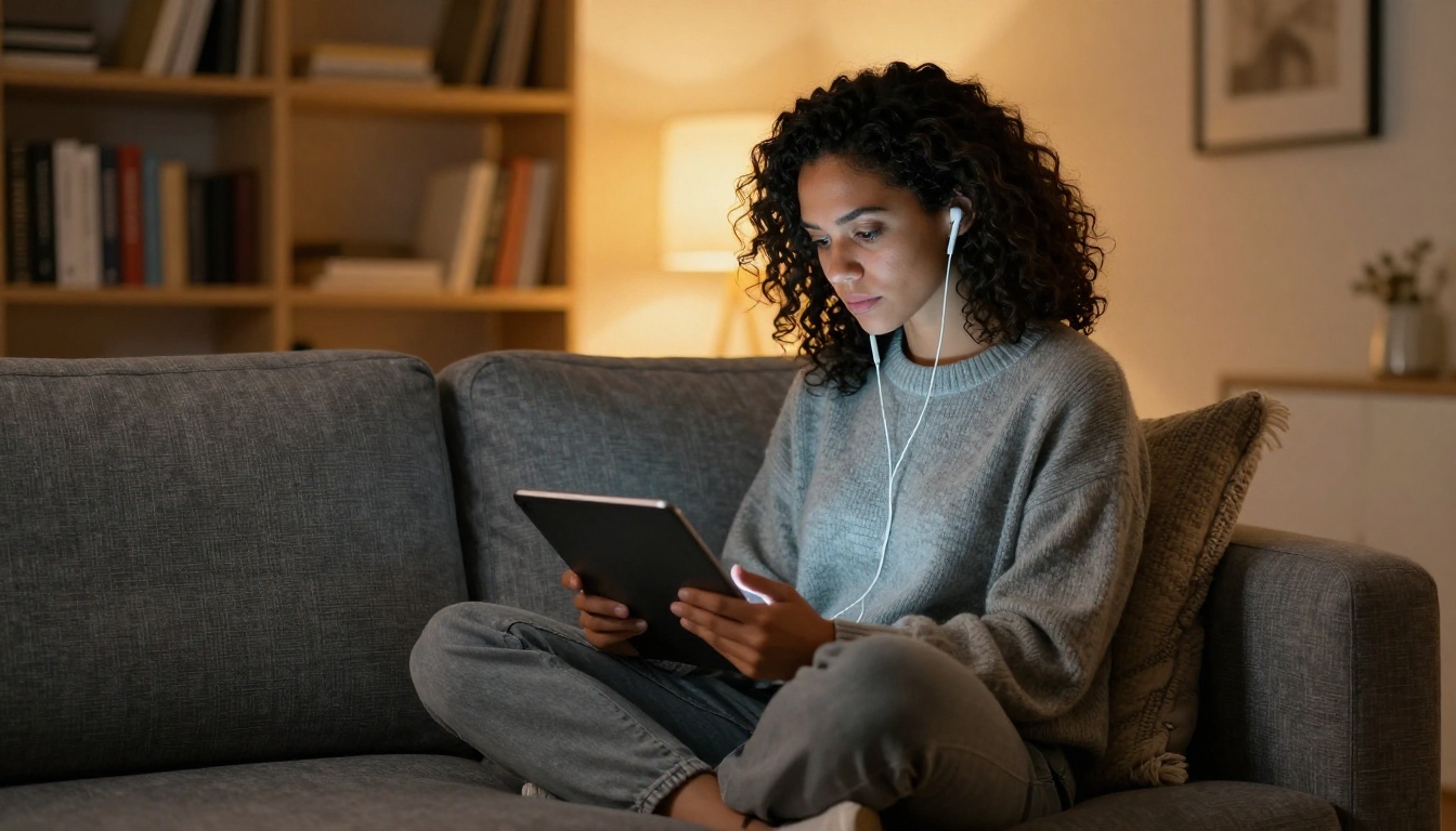 Woman on grey sofa reading audio transcript on tablet with earbuds, warm evening lighting