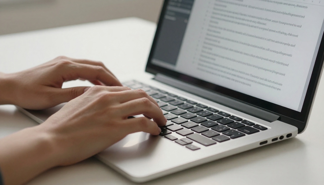 Close-up of hands typing on mechanical keyboard with transcript document on screen behind