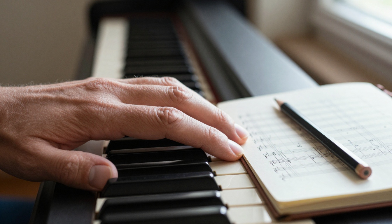 Close-up of hands on piano keys with handwritten musical notation notebook