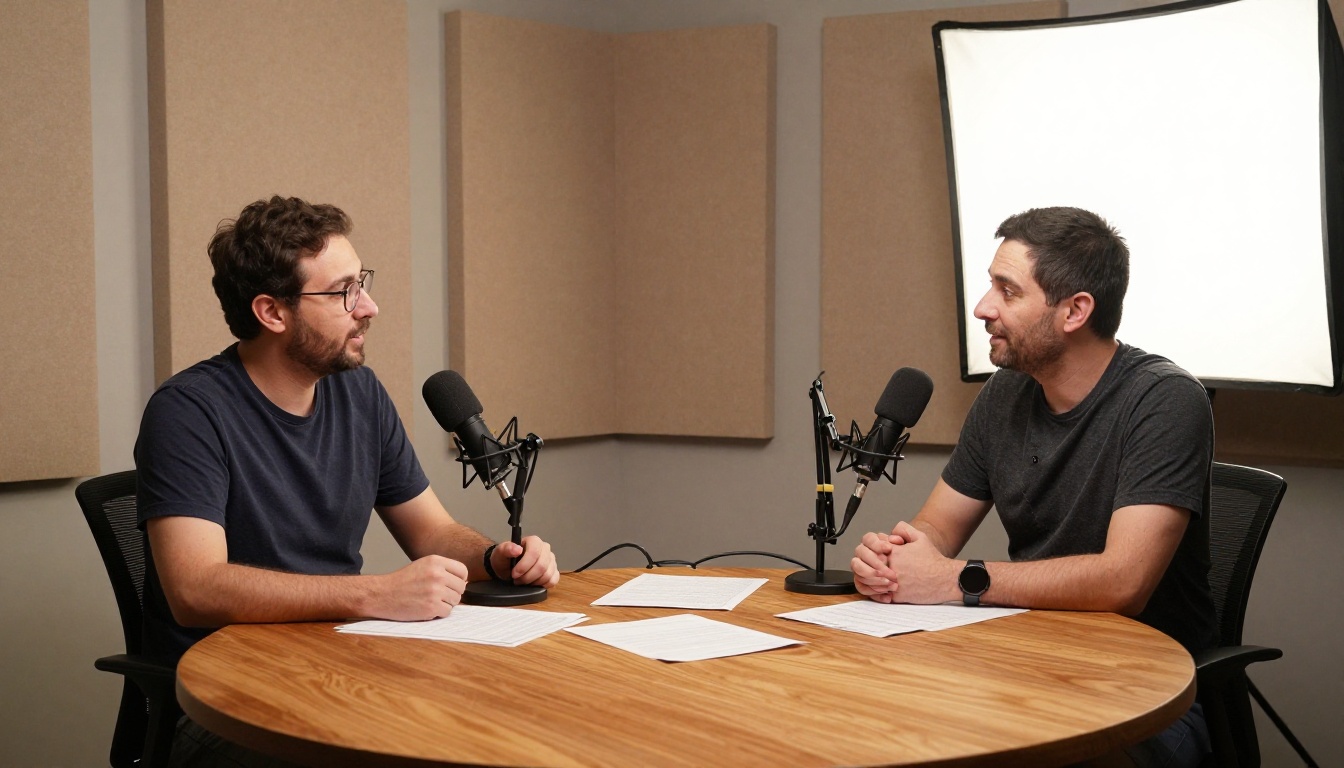 Two people in podcast recording studio with condenser microphones on oak table, warm studio lighting