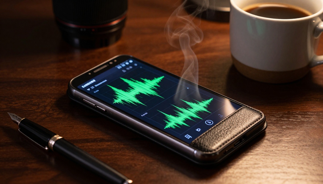Smartphone on a dark walnut desk showing an audio recording waveform interface beside a ceramic coffee mug