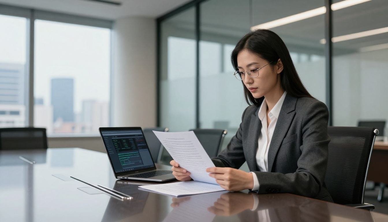 Female legal professional reviewing transcript in glass-wall conference room, city skyline behind