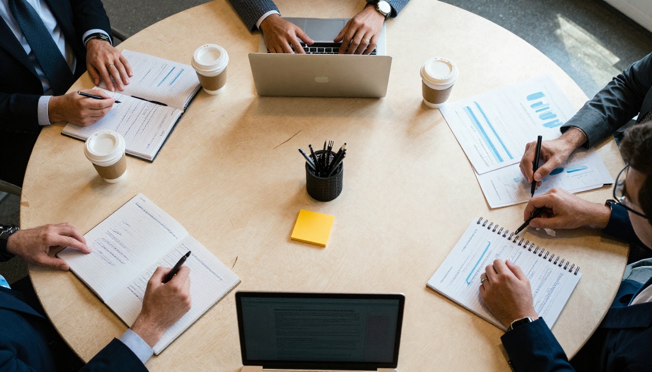 Aerial overhead view of a conference table with laptops, notebooks, and coffee cups spread across it