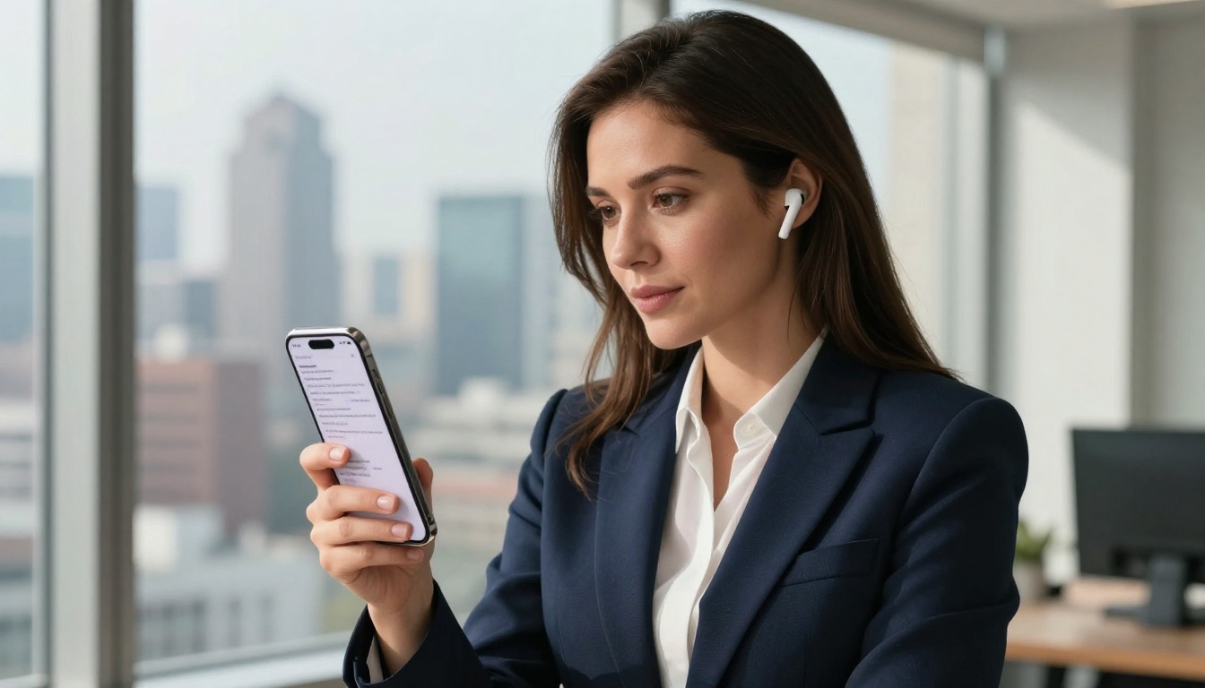 Professional woman reviewing AI meeting transcript on her phone near a bright office window