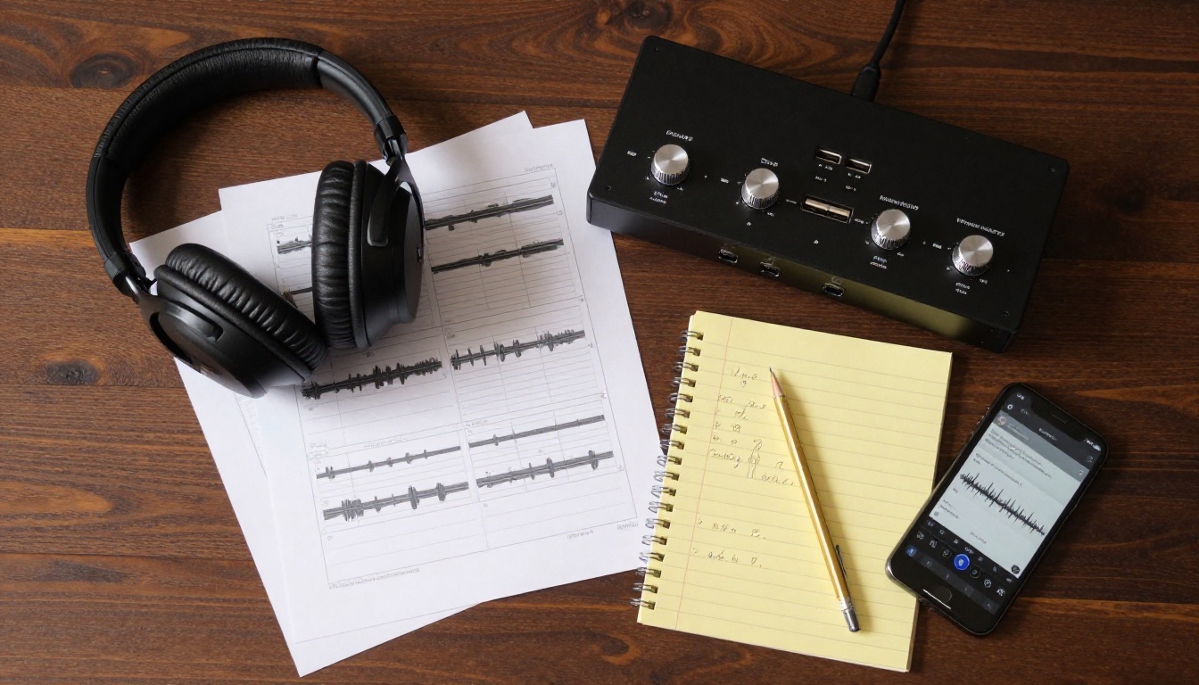 Flat-lay overhead of professional audio tools: headphones, USB interface, waveform sheets, legal pad, mechanical pencil on dark walnut desk