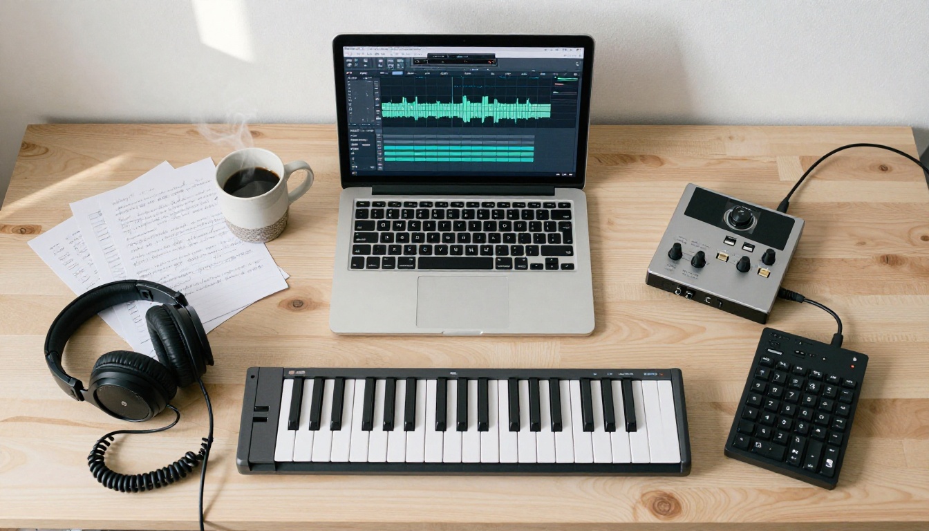 Aerial flat-lay of music production workspace with MIDI keyboard, laptop, and handwritten lyric notes