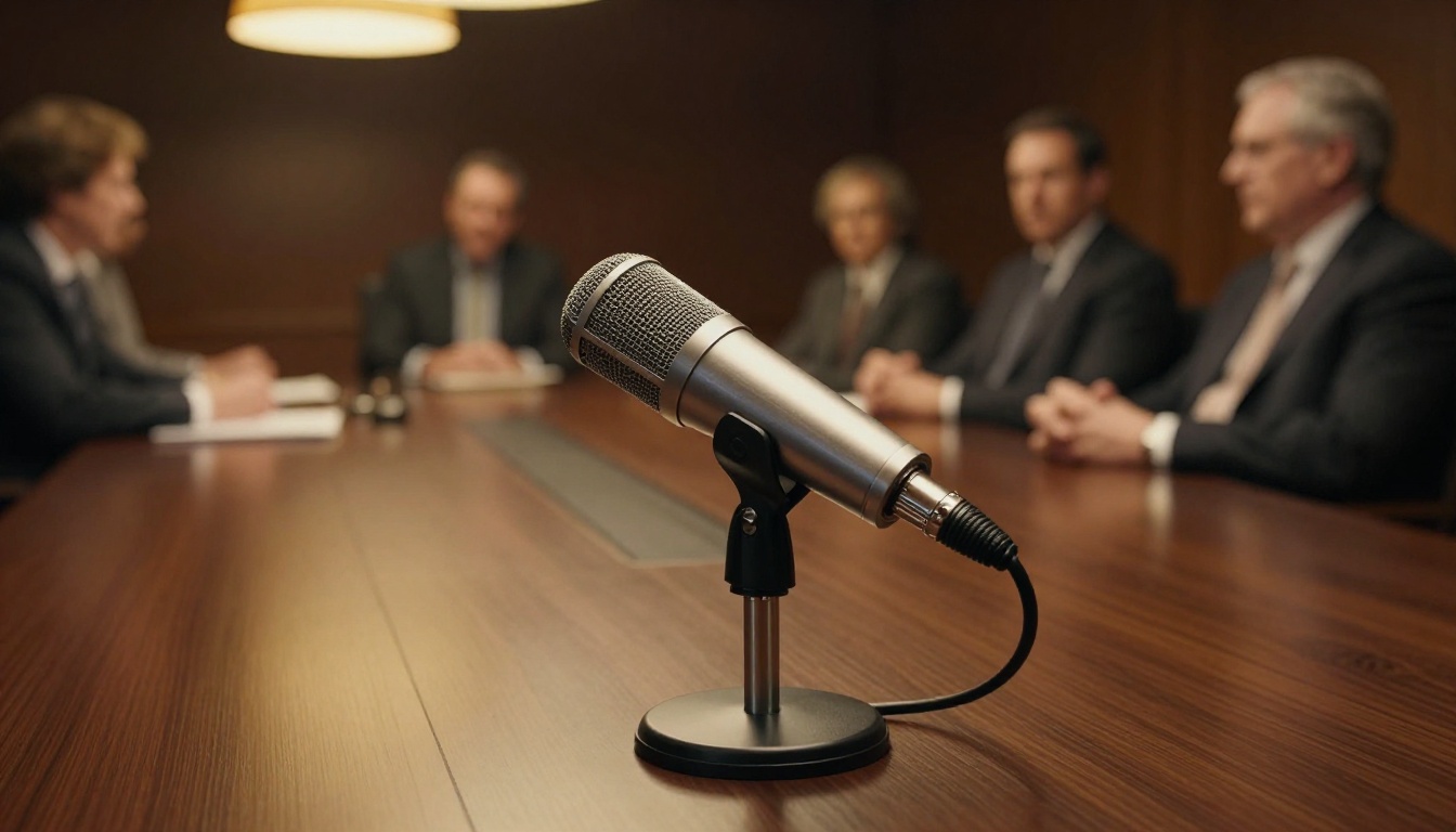 Low-angle shot of a professional condenser microphone on a conference table with blurred meeting participants in the background