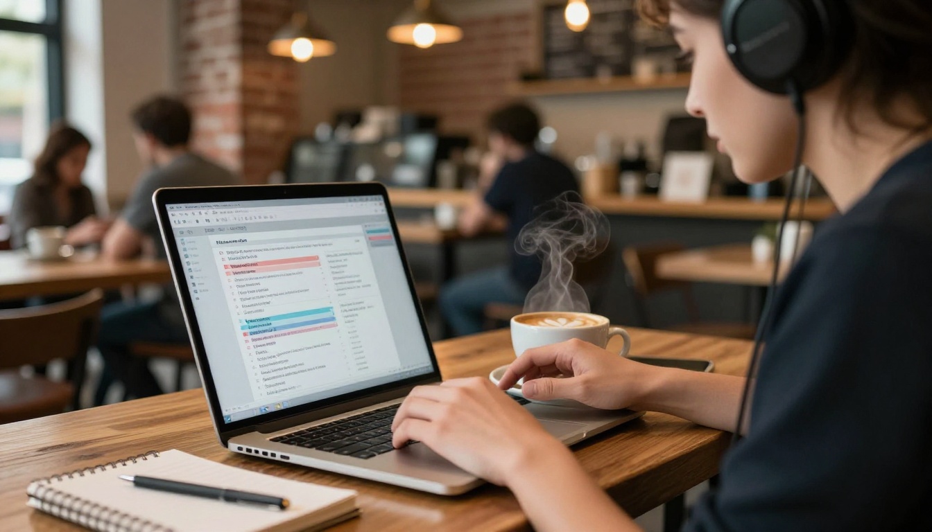 Journalist in coffee shop with noise-cancelling headphones working on transcript with color-coded speaker labels