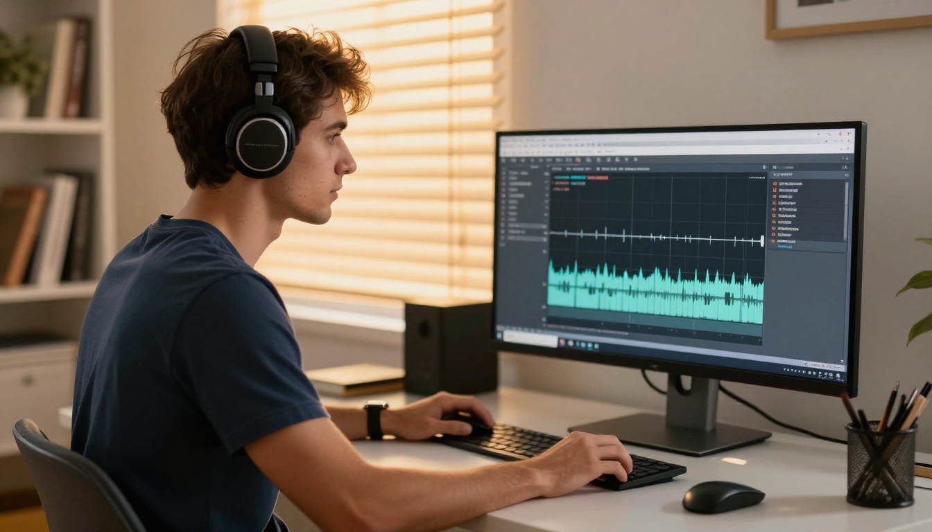 Young man with headphones at desk focused on audio transcription monitor