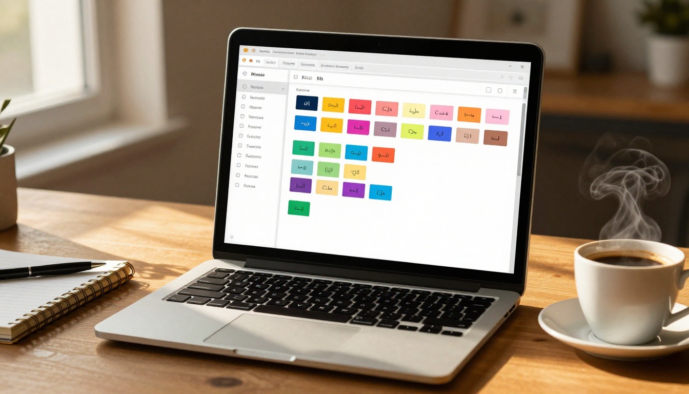 MacBook Pro showing a clean AI transcription interface with speaker labels and timestamps on a warm wooden desk