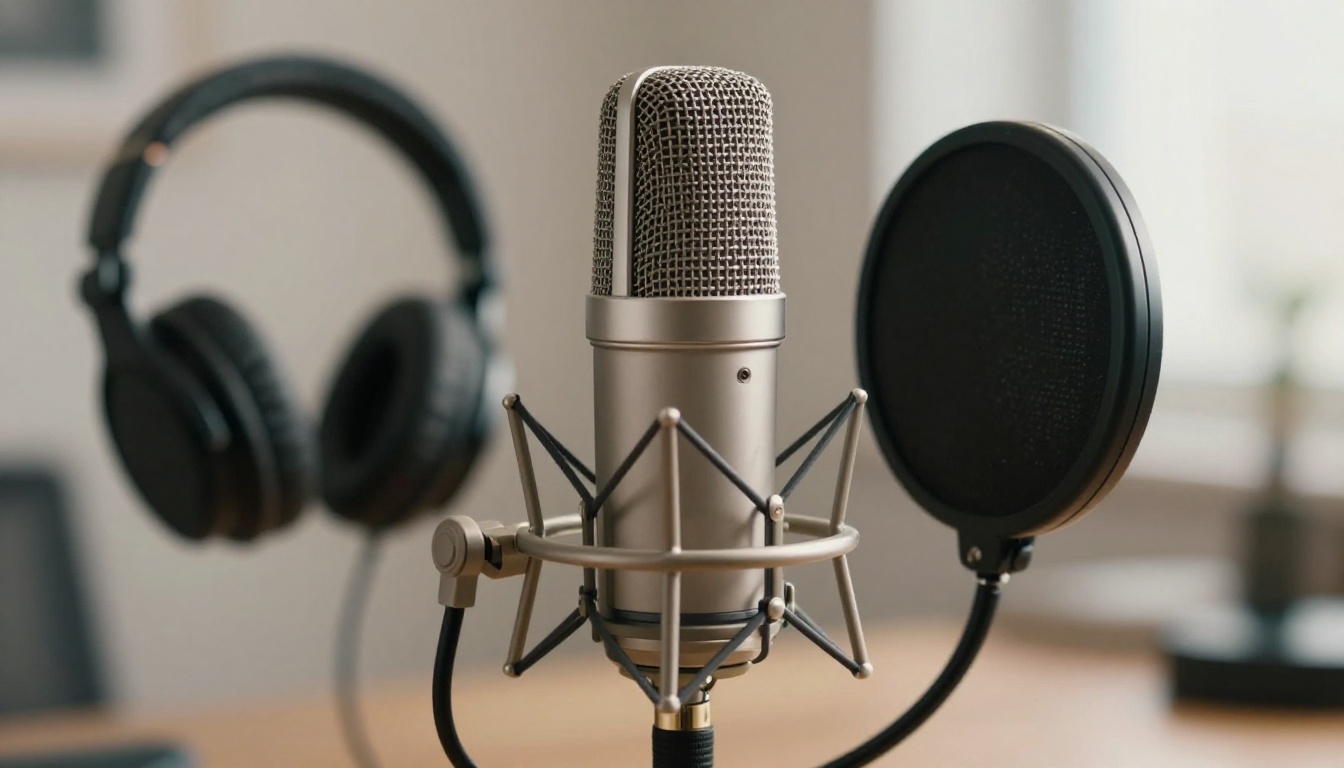 Podcast microphone close-up in professional studio